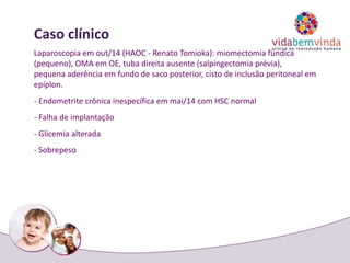 Caso clínico
Laparoscopia em out/14 (HAOC - Renato Tomioka): miomectomia fúndica
(pequeno), OMA em OE, tuba direita ausente (salpingectomia prévia),
pequena aderência em fundo de saco posterior, cisto de inclusão peritoneal em
epíplon.
- Endometrite crônica inespecífica em mai/14 com HSC normal
- Falha de implantação
- Glicemia alterada
- Sobrepeso
 