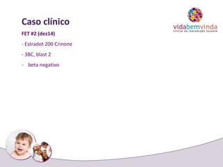 Caso clínico
FET #2 (dez14)
- Estradot 200 Crinone
- 3BC, blast 2
- beta negativo
 