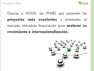 Gracias a H2020, las PYMES que presenten los
proyectos más excelentes y orientados al
mercado obtendrán financiación para acelerar su
crecimiento e internacionalización.
Proyecto H3O
 