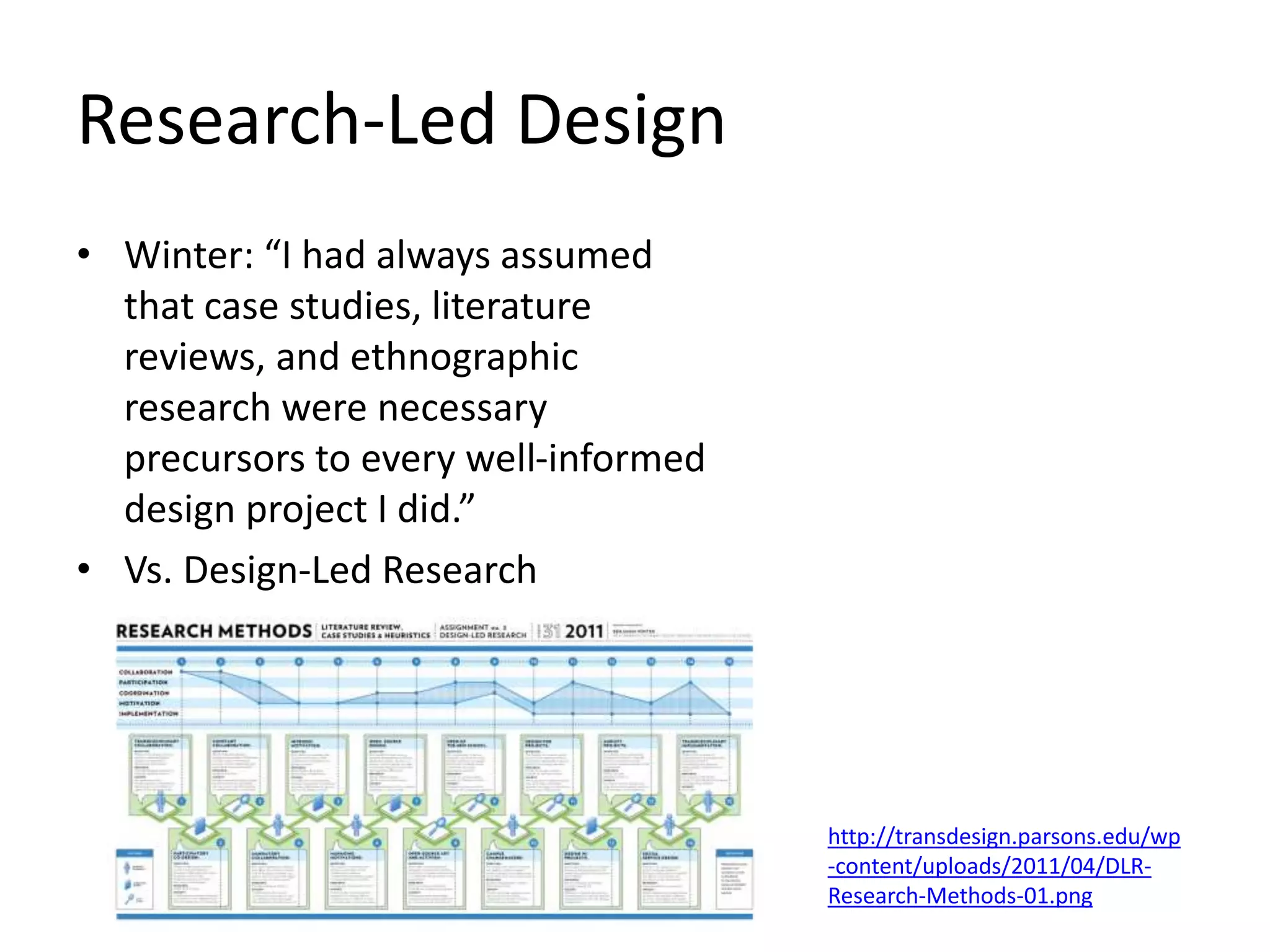 Research-Led Design
• Winter: “I had always assumed
that case studies, literature
reviews, and ethnographic
research were necessary
precursors to every well-informed
design project I did.”
• Vs. Design-Led Research
http://transdesign.parsons.edu/wp
-content/uploads/2011/04/DLR-
Research-Methods-01.png
 