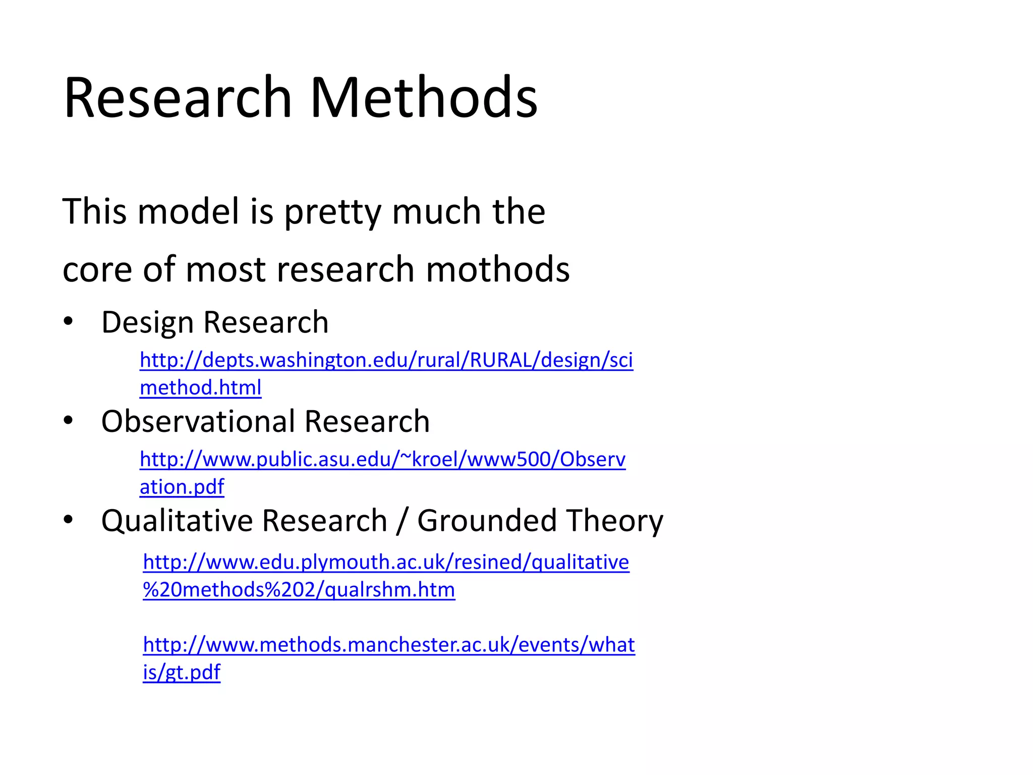 Research Methods
This model is pretty much the
core of most research mothods
• Design Research
• Observational Research
• Qualitative Research / Grounded Theory
http://depts.washington.edu/rural/RURAL/design/sci
method.html
http://www.public.asu.edu/~kroel/www500/Observ
ation.pdf
http://www.edu.plymouth.ac.uk/resined/qualitative
%20methods%202/qualrshm.htm
http://www.methods.manchester.ac.uk/events/what
is/gt.pdf
 