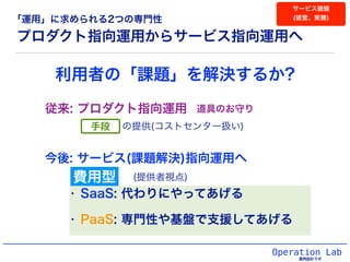 Operation Lab
運用設計ラボ
プロダクト指向運用からサービス指向運用へ
従来: プロダクト指向運用
今後: サービス(課題解決)指向運用へ
• SaaS: 代わりにやってあげる
• PaaS: 専門性や基盤で支援してあげる
費用型 (提供者視点)
手段 の提供(コストセンター扱い)
道具のお守り
「運用」に求められる2つの専門性
利用者の「課題」を解決するか?
サービス価値
(経営、実務)
 