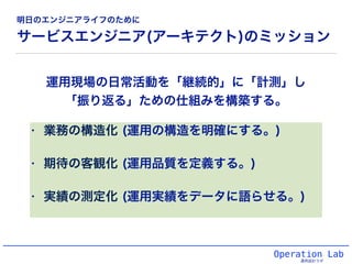 サービスエンジニア(アーキテクト)のミッション
• 業務の構造化 (運用の構造を明確にする。)
• 期待の客観化 (運用品質を定義する。)
• 実績の測定化 (運用実績をデータに語らせる。)
Operation Lab
運用設計ラボ
運用現場の日常活動を「継続的」に「計測」し
「振り返る」ための仕組みを構築する。
明日のエンジニアライフのために
 