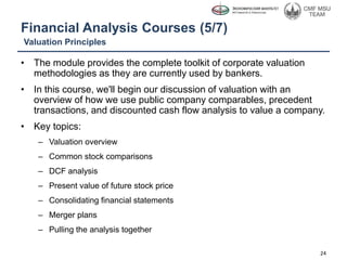 Financial Analysis Courses (5/7)
• The module provides the complete toolkit of corporate valuation
methodologies as they are currently used by bankers.
• In this course, we'll begin our discussion of valuation with an
overview of how we use public company comparables, precedent
transactions, and discounted cash flow analysis to value a company.
• Key topics:
– Valuation overview
– Common stock comparisons
– DCF analysis
– Present value of future stock price
– Consolidating financial statements
– Merger plans
– Pulling the analysis together
Valuation Principles
24
 