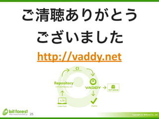 Copyright	
  (c)	
  	
  Bitforest	
  Co.,	
  Ltd.
 
25
http://vaddy.net
ご清聴ありがとう	
  
ございました
 
