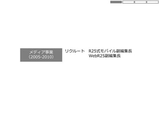 メディア事業
（2005-2010）
リクルート R25式モバイル副編集長
WebR25副編集長
 