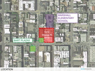 LOCATION
BART PLAZAS
MARSHALL
ELEMENTARY
SCHOOL
1979
MISSION
SITE
16TH STREET
CAPPSTREET
MISSIONSTREET
 