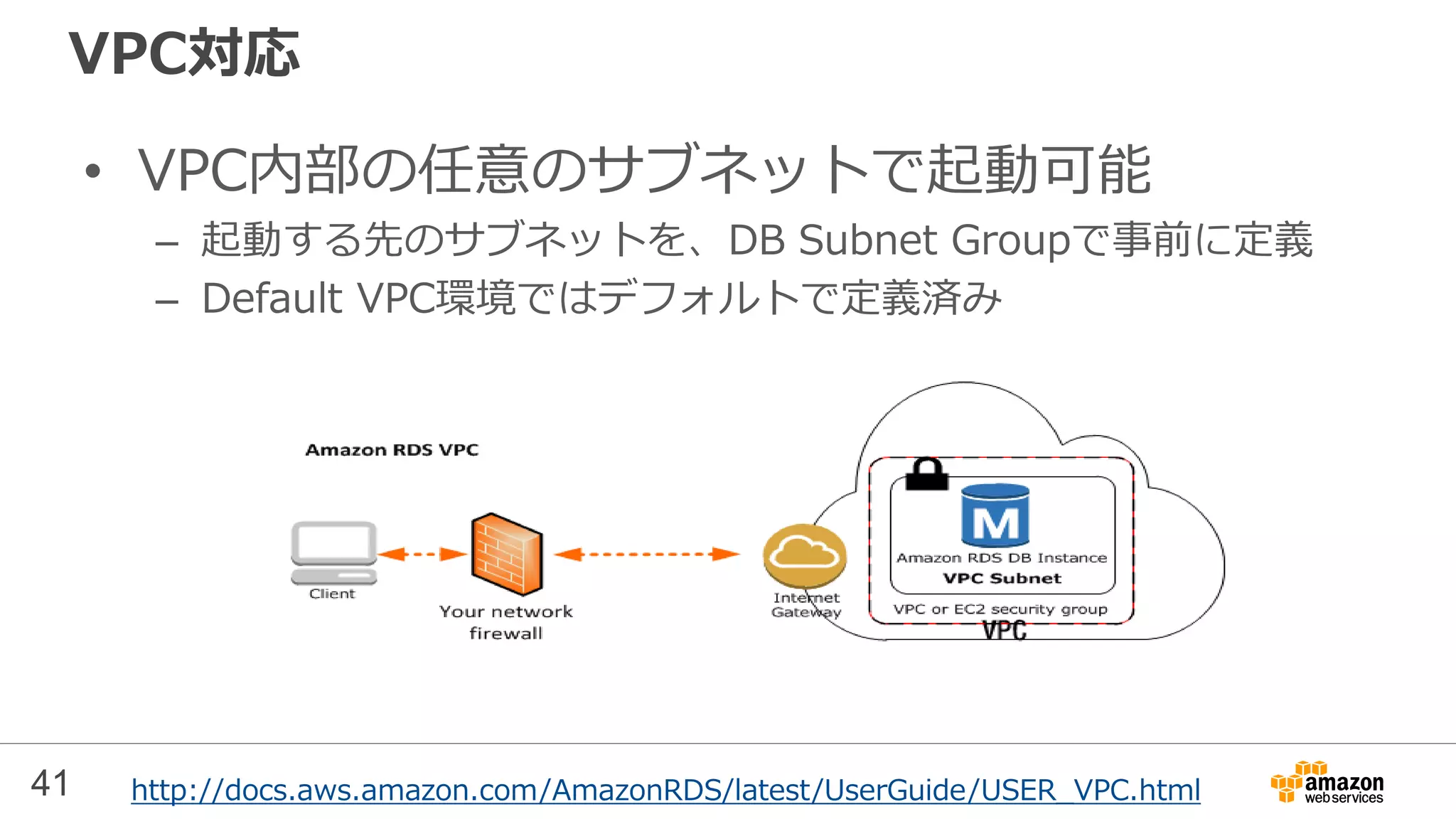 41
VPC対応
• VPC内部の任意のサブネットで起動可能
– 起動する先のサブネットを、DB Subnet Groupで事前に定義
– Default VPC環境ではデフォルトで定義済み
http://docs.aws.amazon.com/AmazonRDS/latest/UserGuide/USER_VPC.html
 