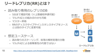 18
リードレプリカ(RR)とは？
• 読み取り専用のレプリカDB
– 5台まで増設可能（※上限緩和申請可能）
– マルチAZとの組み合わせも可能
– マスター昇格
– RRのディスクタイプやインスタンスタイプをソース
とは別のタイプに変更可能
• 想定ユースケース
– 読み取りのスケーリング、BI等の解析処理の分散
– マルチAZによる耐障害性の代替ではない
http://docs.aws.amazon.com/AmazonRDS/latest/UserGuide/USER_ReadRepl.html
リードレプリカ
APP
APP
2APP
APP
読み書き
ワークロード
読み取り
ワークロード
 
