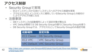 42
アクセス制御
• Security Groupで実現
– EC2インスタンスからDBインスタンスへのアクセス制御を実現
– アクセス元 EC2 インスタンスに適用しているSecurity Groupとの紐付け
によりアクセス可能になる
• 注意事項
– DBインスタンスの起動場所によって設定対象が異なる
– VPC Default環境では DB Security Groupの替りにSecurity Groupを使う
– DB Security Groupでは、アクセス元としてSecurity Groupのみ指定可能
起動場所 設定対象
EC2 Classic DB Security Group
EC2 VPC VPC Security Group
VPC Default VPC Security Group
http://docs.aws.amazon.com/AmazonRDS/latest/UserGuide/Overview.RDSSec
urityGroups.html
 