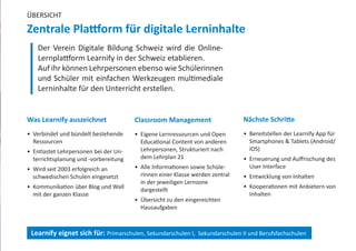 ÜBERSICHT
Zentrale Plattform für digitale Lerninhalte
Der Verein Digitale Bildung Schweiz wird die Online-
Lernplattform Learnify in der Schweiz etablieren.
Auf ihr können Lehrpersonen ebenso wie Schülerinnen
und Schüler mit einfachen Werkzeugen multi­mediale
Lerninhalte für den Unterricht erstellen.
Was Learnify auszeichnet
•	 Verbindet und bündelt bestehende
Ressourcen
•	 Entlastet Lehrpersonen bei der Un-
terrichtsplanung und -vorbereitung
•	 Wird seit 2003 erfolgreich an
schwedischen Schulen eingesetzt
•	 Kommunikation über Blog und Wall
mit der ganzen Klasse
Classroom Management
•	 Eigene Lernressourcen und Open
Educational Content von anderen
Lehrpersonen, Strukturiert nach
dem Lehrplan 21
•	 Alle Informationen sowie Schüle-
rInnen einer Klasse werden zentral
in der jeweiligen Lernzone
dargestellt
•	 Übersicht zu den eingereichten
Hausaufgaben
Learnify eignet sich für: Primarschulen, Sekundarschulen I, Sekundarschulen II und Berufsfachschulen
Nächste Schritte
•	 Bereitstellen der Learnify App für
Smartphones & Tablets (Android/
iOS)
•	 Erneuerung und Auffrischung des
User Interface
•	 Entwicklung von Inhalten
•	 Kooperationen mit Anbietern von
Inhalten
 
