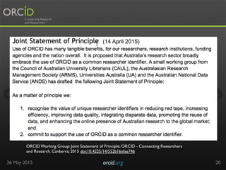 26 May 2015 orcid.org	

 20
ORCID Working Group: Joint Statement of Principle: ORCID - Connecting Researchers
and Research. Canberra; 2015 doi:10.4225/14/552b16efae74b
(14 April 2015)
 