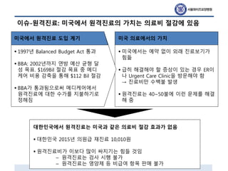 이슈-원격진료: 미국에서 원격진료의 가치는 의료비 절감에 있음
미국에서 원격진료 도입 계기
• 1997년 Balanced Budget Act 통과
• BBA: 2002년까지 연방 예산 균형 달
성 목표. $169Bil 절감 목표 중 메디
케어 비용 감축을 통해 $112 Bil 절감
• BBA가 통과됨으로써 메디케어에서
원격진료에 대한 수가를 지불하기로
정해짐
미국 의료에서의 가치
• 미국에서는 예약 없이 외래 진료보기가
힘듦
• 급히 해결해야 할 증상이 있는 경우 ER이
나 Urgent Care Clinic을 방문해야 함
→ 진료비만 수백불 발생
• 원격진료는 40~50불에 이런 문제를 해결
해 줌
대한민국에서 원격진료는 미국과 같은 의료비 절감 효과가 없음
• 대한민국 2015년 의원급 재진료 10,010원
• 원격진료비가 이보다 많이 싸지기는 힘들 것임
– 원격진료는 검사 시행 불가
– 원격진료는 영양제 등 비급여 항목 판매 불가
 
