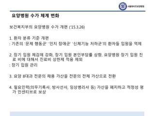 요양병원 수가 체계 변화
보건복지부의 요양병원 수가 개편 (‘15.3.26)
1. 환자 분류 기준 개편
: 기존의 ‘문제 행동군’ ‘인지 장애군’ ‘신체기능 저하군’의 환자들 입원을 억제
2. 장기 입원 체감제 강화, 장기 입원 본인부담률 상향, 요양병원 장기 입원 진
료 비에 대해서 진료비 상한제 적용 제외
: 장기 입원 관리
3. 요양 8대과 전문의 채용 가산을 전문의 전체 가산으로 전환
4. 필요인력(의무기록사, 방사선사, 임상병리사 등) 가산을 폐지하고 적정성 평
가 인센티브로 보상
 
