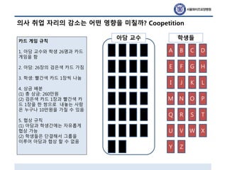 의사 취업 자리의 감소는 어떤 영향을 미칠까? Coopetition
A B C
E F G
I J K
M N O
Q R S
U V W
Y Z
D
H
L
P
T
X
아담 교수 학생들카드 게임 규칙
1. 아담 교수와 학생 26명과 카드
게임을 함
2. 아담: 26장의 검은색 카드 가짐
3. 학생: 빨간색 카드 1장씩 나눔
4. 상금 배분
(1) 총 상금: 260만원
(2) 검은색 카드 1장과 빨간색 카
드 1장을 한 쌍으로 내놓는 사람
은 누구나 10만원을 가질 수 있음
5. 협상 규칙
(1) 아담과 학생간에는 자유롭게
협상 가능
(2) 학생들은 단결해서 그룹을
이루어 아담과 협상 할 수 없음
 
