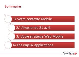 Sommaire
1/ Votre contexte Mobile
2/ L’impact du 21 avril
3/ Votre stratégie Web Mobile
4/ Les enjeux applications
 