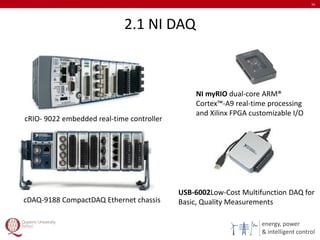 energy, power
& intelligent control
2.1 NI DAQ
16
cRIO- 9022 embedded real-time controller
cDAQ-9188 CompactDAQ Ethernet chassis
USB-6002Low-Cost Multifunction DAQ for
Basic, Quality Measurements
NI myRIO dual-core ARM®
Cortex™-A9 real-time processing
and Xilinx FPGA customizable I/O
 
