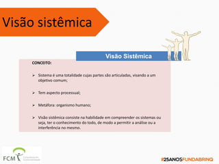 CONCEITO:
 Sistema é uma totalidade cujas partes são articuladas, visando a um
objetivo comum;
 Tem aspecto processual;
 Metáfora: organismo humano;
 Visão sistêmica consiste na habilidade em compreender os sistemas ou
seja, ter o conhecimento do todo, de modo a permitir a análise ou a
interferência no mesmo.
Visão Sistêmica
Visão sistêmica
 
