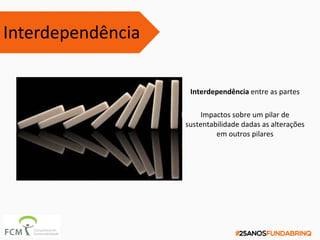 Interdependência entre as partes
Impactos sobre um pilar de
sustentabilidade dadas as alterações
em outros pilares
Interdependência
 