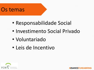 Os temas
• Responsabilidade Social
• Investimento Social Privado
• Voluntariado
• Leis de Incentivo
 