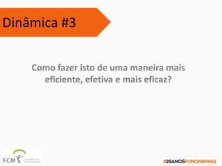 Como fazer isto de uma maneira mais
eficiente, efetiva e mais eficaz?
Dinâmica #3
 