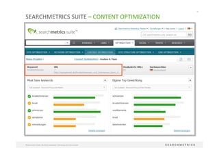 57	
  
©	
  Searchmetrics	
  GmbH.	
  Alle	
  Rechte	
  vorbehalten.	
  Verbreitung	
  nicht	
  ohne	
  Erlaubnis.	
  
SEARCHMETRICS	
  SUITE	
  –	
  CONTENT	
  OPTIMIZATION	
  
 