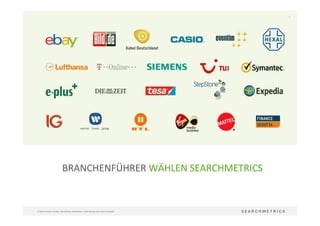 5	
  
©	
  Searchmetrics	
  GmbH.	
  Alle	
  Rechte	
  vorbehalten.	
  Verbreitung	
  nicht	
  ohne	
  Erlaubnis.	
  
BRANCHENFÜHRER	
  WÄHLEN	
  SEARCHMETRICS	
  
	
  	
  	
  
 
