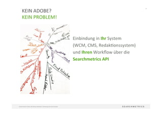 67	
  
©	
  Searchmetrics	
  GmbH.	
  Alle	
  Rechte	
  vorbehalten.	
  Verbreitung	
  nicht	
  ohne	
  Erlaubnis.	
  
KEIN	
  ADOBE?	
  	
  
KEIN	
  PROBLEM!	
  
	
  
Einbindung	
  in	
  Ihr	
  System	
  	
  
(WCM,	
  CMS,	
  Redak?onssystem)	
  	
  
und	
  Ihren	
  Workﬂow	
  über	
  die	
  
Searchmetrics	
  API	
  	
  
	
  
 