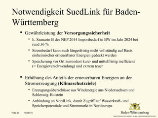 Notwendigkeit SuedLink für Baden-
Württemberg
 Gewährleistung der Versorgungssicherheit
 lt. Szenario B des NEP 2014 Importbedarf in BW im Jahr 2024 bei
rund 36 %
 Strombedarf kann auch längerfristig nicht vollständig auf Basis
einheimischer erneuerbarer Energien gedeckt werden
 Speicherung vor Ort zumindest kurz- und mittelfristig ineffizient
(= Energieverschwendung) und extrem teuer
 Erhöhung des Anteils der erneuerbaren Energien an der
Stromerzeugung (Klimaschutzziele)
 Erzeugungsüberschüsse aus Windenergie aus Niedersachsen und
Schleswig-Holstein
 Anbindung an NordLink, damit Zugriff auf Wasserkraft- und
Speicherpotentiale und Strommarkt in Nordeuropa
18.09.15Folie 24
 