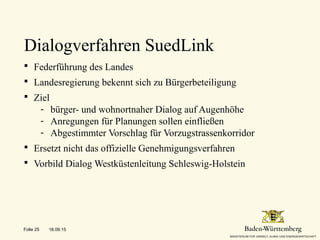 Dialogverfahren SuedLink
 Federführung des Landes
 Landesregierung bekennt sich zu Bürgerbeteiligung
 Ziel
- bürger- und wohnortnaher Dialog auf Augenhöhe
- Anregungen für Planungen sollen einfließen
- Abgestimmter Vorschlag für Vorzugstrassenkorridor
 Ersetzt nicht das offizielle Genehmigungsverfahren
 Vorbild Dialog Westküstenleitung Schleswig-Holstein
18.09.15Folie 25
 