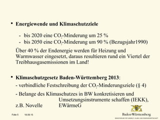 18.09.15Folie 5
 Energiewende und Klimaschutzziele
- bis 2020 eine CO2-Minderung um 25 %
- bis 2050 eine CO2-Minderung um 90 % (Bezugsjahr1990)
Über 40 % der Endenergie werden für Heizung und
Warmwasser eingesetzt, daraus resultieren rund ein Viertel der
Treibhausgasemissionen im Land!
 Klimaschutzgesetz Baden-Württemberg 2013:
- verbindliche Festschreibung der CO2-Minderungsziele (§ 4)
- Belange des Klimaschutzes in BW konkretisieren und
Umsetzungsinstrumente schaffen (IEKK),
z.B. Novelle EWärmeG
 