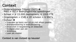 Context
• Onderwijsgroep Tilburg (OGT) 
MBO + VO + Bedrijfsgerichte opleidingen
• Schaal = ± 15.000 deelnemers, ± 1000 FT...