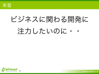Copyright	
  (c)	
  	
  Bitforest	
  Co.,	
  Ltd.
 
本音
18
ビジネスに関わる開発に	
  
注力したいのに・・
 