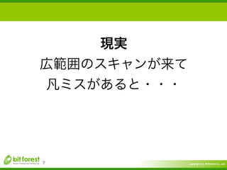 Copyright	
  (c)	
  	
  Bitforest	
  Co.,	
  Ltd.
 
7
現実	
  
広範囲のスキャンが来て	
  
凡ミスがあると・・・
 