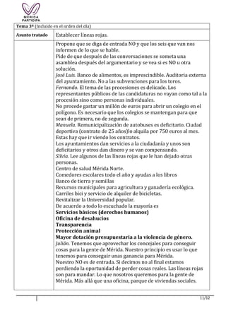 11/12
Tema 3º (Incluido en el orden del día)
Asunto tratado Establecer líneas rojas.
Propone que se diga de entrada NO y que los seis que van nos
informen de lo que se hable.
Pide de que después de las conversaciones se someta una
asamblea después del argumentario y se vea si es NO u otra
solución.
José Luis. Banco de alimentos, es imprescindible. Auditoria externa
del ayuntamiento. No a las subvenciones para los toros.
Fernando. El tema de las procesiones es delicado. Los
representantes públicos de las candidaturas no vayan como tal a la
procesión sino como personas individuales.
No procede gastar un millón de euros para abrir un colegio en el
polígono. Es necesario que los colegios se mantengan para que
sean de primera, no de segunda.
Manuela. Remunicipalización de autobuses es deficitario. Ciudad
deportiva (contrato de 25 años)lo alquila por 750 euros al mes.
Estas hay que ir viendo los contratos.
Los ayuntamientos dan servicios a la ciudadanía y unos son
deficitarios y otros dan dinero y se van compensando.
Silvia. Lee algunos de las líneas rojas que le han dejado otras
personas.
Centro de salud Mérida Norte.
Comedores escolares todo el año y ayudas a los libros
Banco de tierra y semillas
Recursos municipales para agricultura y ganadería ecológica.
Carriles bici y servicio de alquiler de bicicletas.
Revitalizar la Universidad popular.
De acuerdo a todo lo escuchado la mayoría es
Servicios básicos (derechos humanos)
Oficina de desahucios
Transparencia
Protección animal
Mayor dotación presupuestaria a la violencia de género.
Julián. Tenemos que aprovechar los concejales para conseguir
cosas para la gente de Mérida. Nuestro principio es usar lo que
tenemos para conseguir unas ganancia para Mérida.
Nuestro NO es de entrada. Si decimos no al final estamos
perdiendo la oportunidad de perder cosas reales. Las líneas rojas
son para mandar. Lo que nosotros queremos para la gente de
Mérida. Más allá que una oficina, parque de viviendas sociales.
 