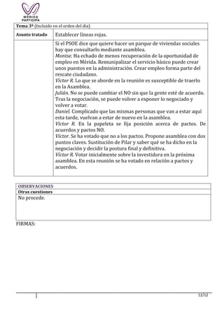 12/12
Tema 3º (Incluido en el orden del día)
Asunto tratado Establecer líneas rojas.
Si el PSOE dice que quiere hacer un parque de viviendas sociales
hay que consultarlo mediante asamblea.
Montse. Ha echado de menos recuperación de la oportunidad de
empleo en Mérida. Remunipalizar el servicio básico puede crear
unos puestos en la administración. Crear empleo forma parte del
rescate ciudadano.
Víctor R. Lo que se aborde en la reunión es susceptible de traerlo
en la Asamblea.
Julián. No se puede cambiar el NO sin que la gente esté de acuerdo.
Tras la negociación, se puede volver a exponer lo negociado y
volver a votar.
Daniel. Complicado que las mismas personas que van a estar aquí
esta tarde, vuelvan a estar de nuevo en la asamblea.
Víctor R. En la papeleta se fija posición acerca de pactos. De
acuerdos y pactos NO.
Víctor. Se ha votado que no a los pactos. Propone asamblea con dos
puntos claves. Sustitución de Pilar y saber qué se ha dicho en la
negociación y decidir la postura final y definitiva.
Víctor R. Votar inicialmente sobre la investidura en la próxima
asamblea. En esta reunión se ha votado en relación a pactos y
acuerdos.
OBSERVACIONES
Otras cuestiones
No procede.
FIRMAS:
 