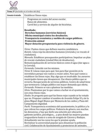 8/12
Tema 3º (Incluido en el orden del día)
Asunto tratado Establecer líneas rojas.
Programas en contra del acoso escolar.
Banco de alimentos.
Carril bici y servicio de alquiler de bicicletas.
Resultado:
Derechos humanos (servicios básicos)
Oficina municipal contra los desahucios.
Transparecia económica y sueldos de cargos públicos.
Protección animal
Mayor dotación prespuestaria para violencia de género.
Víctor. Puntos claves que definen nuestra candidatura.
Ramón. Línea roja los derechos humanos (vivienda y se rescate al
ciudadano).
Manuela. Establecer presupuestos participativos. Impulsar un plan
de rescate ciudadano (ciudad libre de desahucios).
Remunicipalización de servicios básicos como el agua (dar agua a
la Corrala).
Fernando. Coincide con los mismos.
Víctor R. Líneas rojas para qué. Son para fijar posición en la
investidura porque nos vamos a reunir antes. Para qué vamos a
establecer las líneas rojas. Hay algo que es insalvable: los asesores
municipales tienen que desaparecer. Ese dinero público que se
revierta. Recuperación de servicios públicos. Centro de salud tiene
que terminarse. Colegio público con mayor demanda que oferta.
Fernando. Primero se van a plantear las medidas.
Silvia. Planteamos por lo que vamos a luchar en el ayuntamiento,
son estas líneas rojas.
Eladio. Se pregunta para qué las líneas rojas cuando se ha votado
que no. Proponer cambiar el nombre de Avenida Felipe VI y de la
plaza Miguel Ángel Blanco por Memoria de los caídos y Plaza del
Campamento dignidad.
Pachi. Transparencia económica del ayuntamiento, lo público y lo
que cobran los cargos políticos. Violencia de género, son muchas
las denuncias, y hay que darle una solución por educación,
gabiente jurídico, psicológico,… y piso donde las mujeres puedan
resguardarse hasta ir a zona de acogida de Cáceres y Badajoz.
Actualmente son los curas los que le prestan ayuda.
Revitalizar la universidad popular para dinamizar la población
civil. Colaboración de Ayuntamiento y protectoras de animales.
 