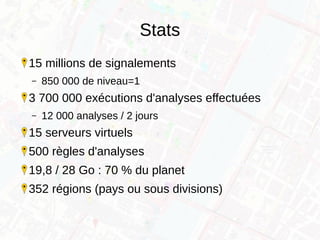 Stats
15 millions de signalements
– 850 000 de niveau=1
3 700 000 exécutions d'analyses effectuées
– 12 000 analyses / 2 jours
15 serveurs virtuels
500 règles d'analyses
19,8 / 28 Go : 70 % du planet
352 régions (pays ou sous divisions)
 
