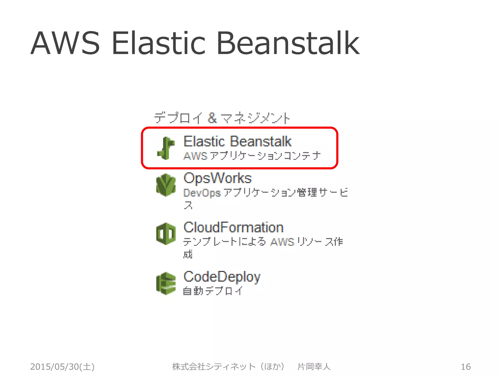AWS Elastic Beanstalk
2015/05/30(土) 株式会社シティネット（ほか） 片岡幸人 16
 