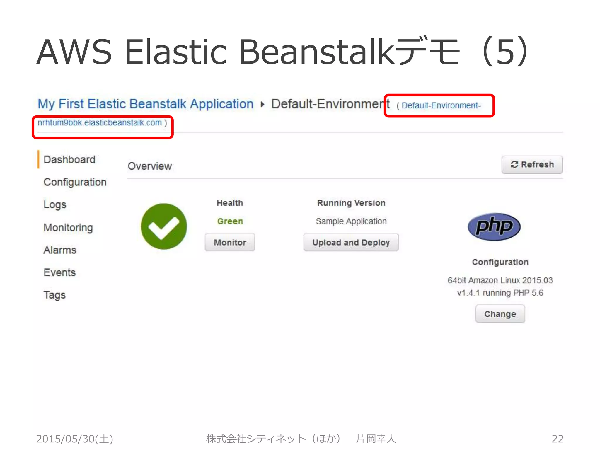 AWS Elastic Beanstalkデモ（４）
2015/05/30(土) 株式会社シティネット（ほか） 片岡幸人 22
 