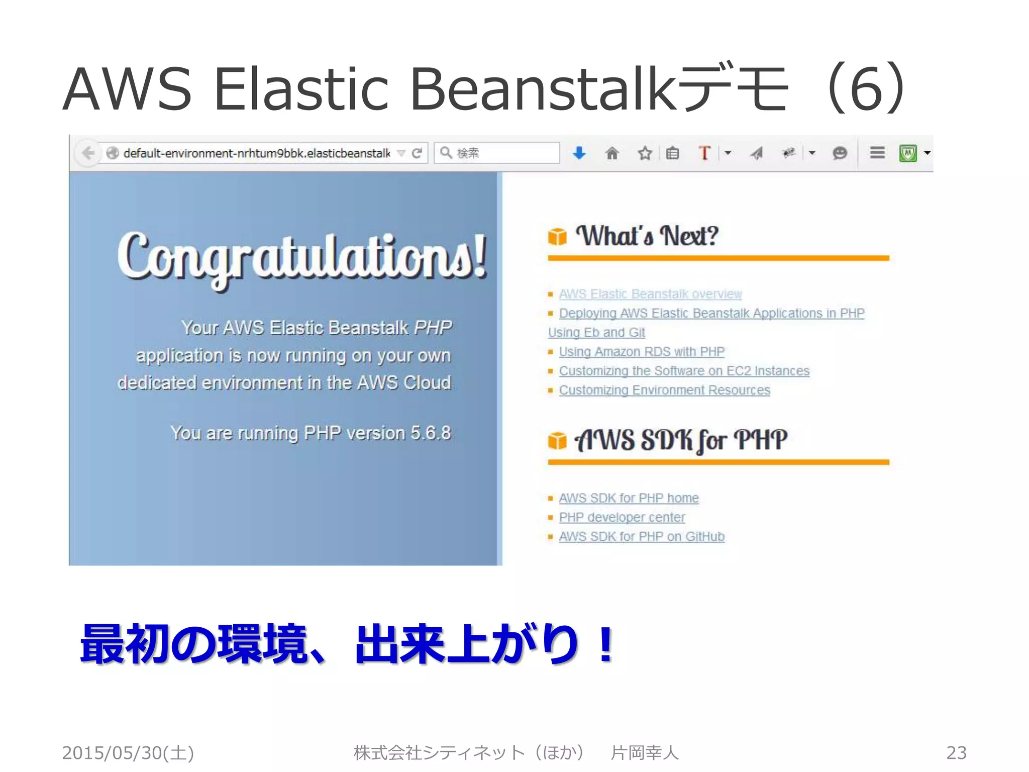 AWS Elastic Beanstalkデモ（5）
2015/05/30(土) 株式会社シティネット（ほか） 片岡幸人 23
 