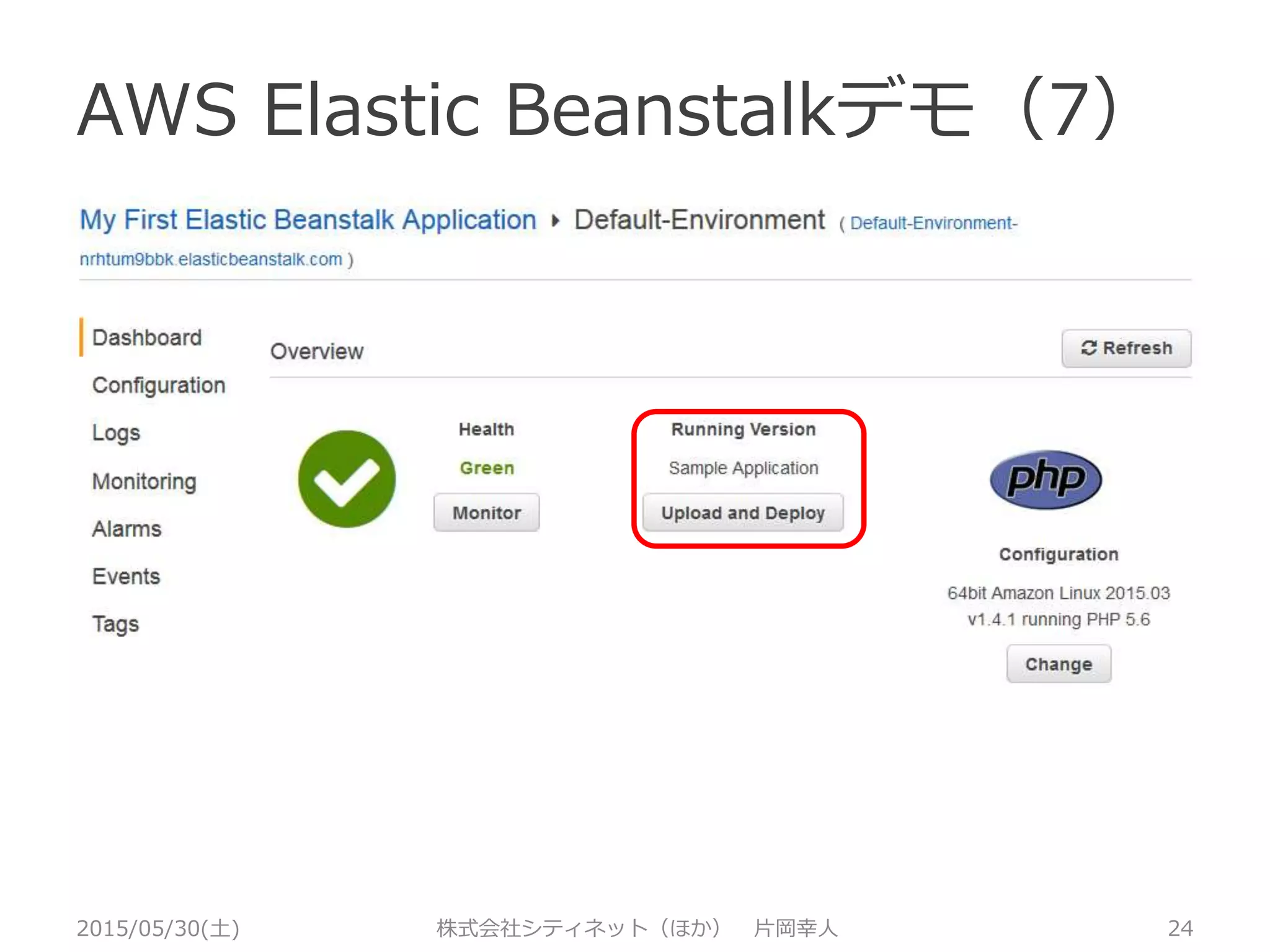 AWS Elastic Beanstalkデモ（6）
2015/05/30(土) 株式会社シティネット（ほか） 片岡幸人 24
最初の環境、出来上がり！
 