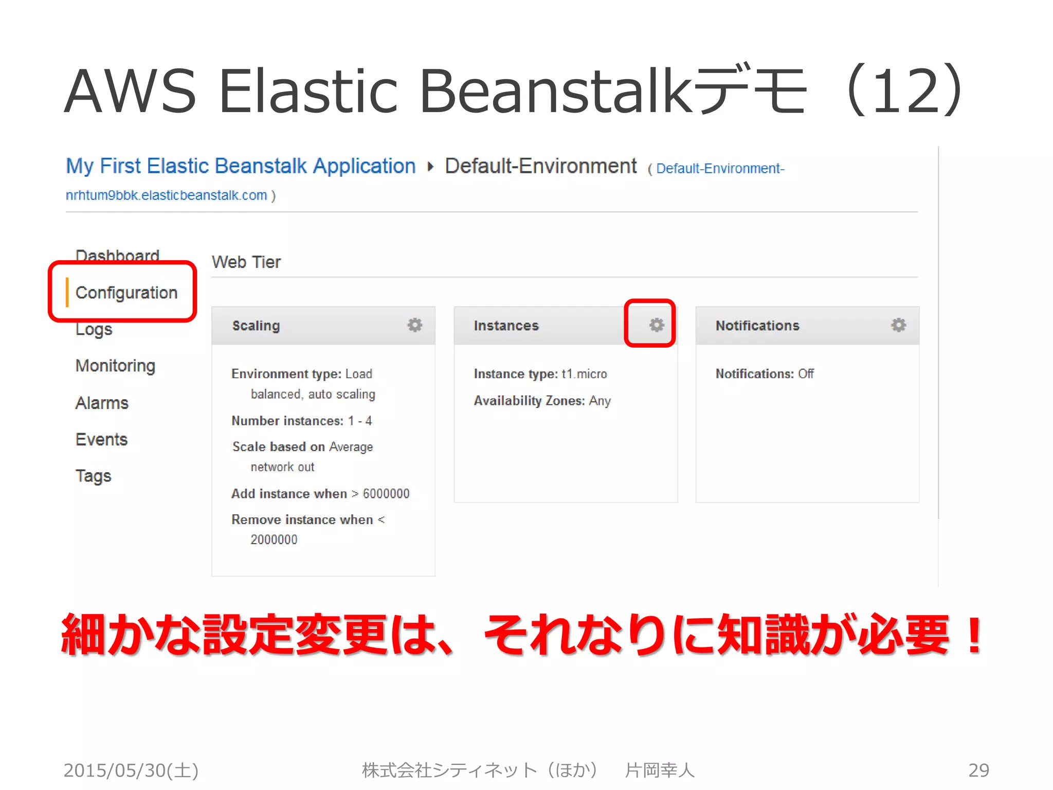 AWS Elastic Beanstalkデモ（11）
2015/05/30(土) 株式会社シティネット（ほか） 片岡幸人 29
 