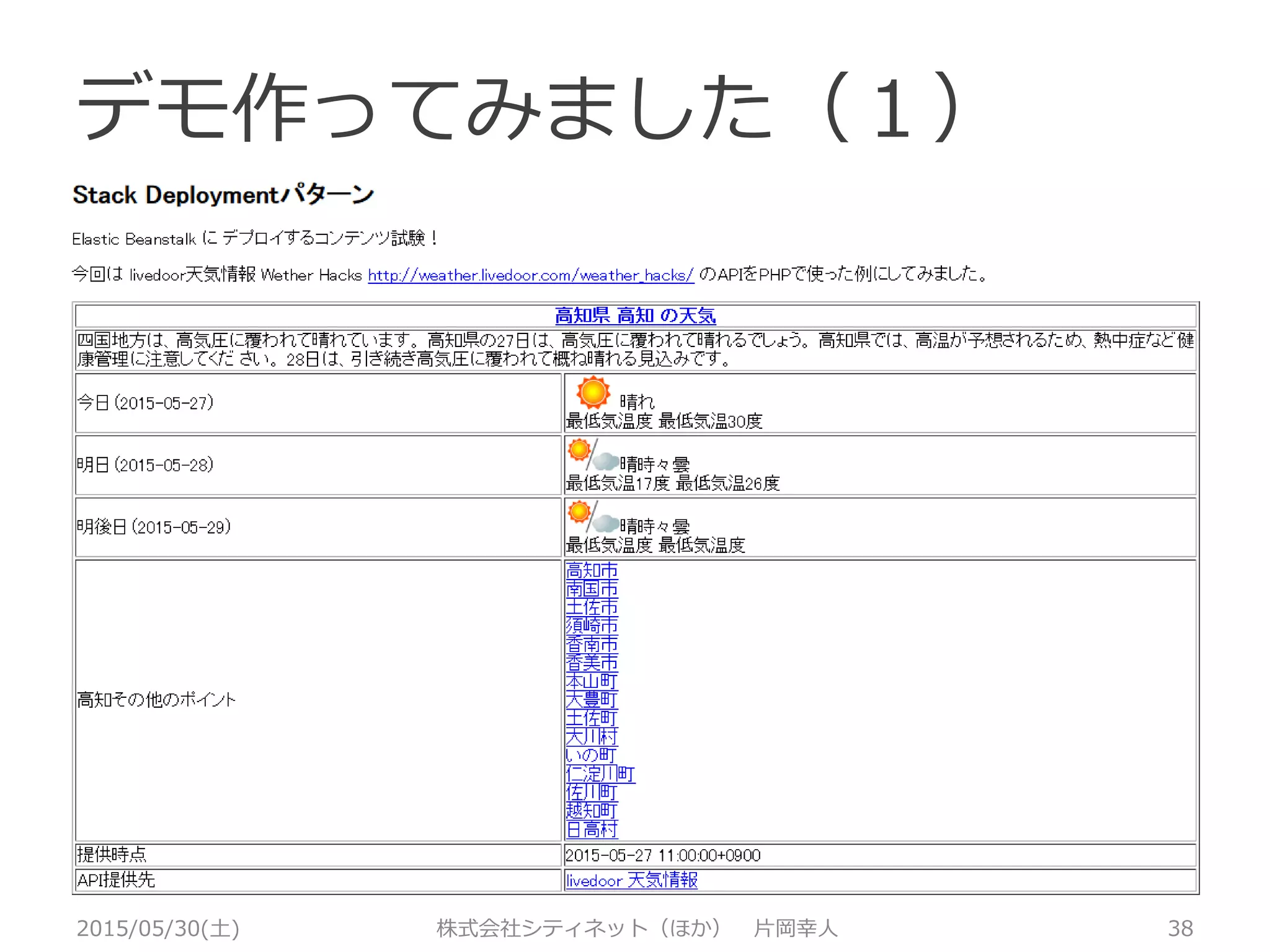 デモ作ってみました（１）
2015/05/30(土) 株式会社シティネット（ほか） 片岡幸人 38
livedoorお天気API
との連携
http://eb.soft-
village.com/test.php
本日（2015/05/30）のみ
 