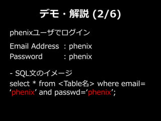 デモ・解説 (2/6)
phenixユーザでログイン
Email Address : phenix
Password : phenix
- SQL文のイメージ
select * from <Table名> where email=
‘phenix’ and passwd=‘phenix’;
 