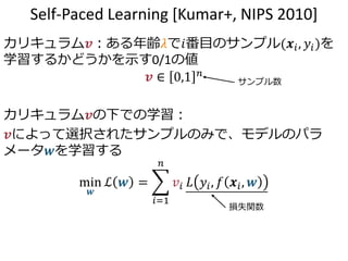 Self-Paced Learning [Kumar+, NIPS 2010]
カリキュラム𝒗：ある年齢𝜆で𝑖番目のサンプル(𝒙𝑖, 𝑦𝑖)を
学習するかどうかを示す0/1の値
𝒗 ∈ 0,1 𝑛
カリキュラム𝒗の下での学習：
𝒗によって選択されたサンプルのみで、モデルのパラ
メータ𝒘を学習する
min
𝒘
ℒ 𝒘 =
𝑖=1
𝑛
𝑣𝑖 𝐿 𝑦𝑖, 𝑓 𝒙𝑖, 𝒘
サンプル数
損失関数
 