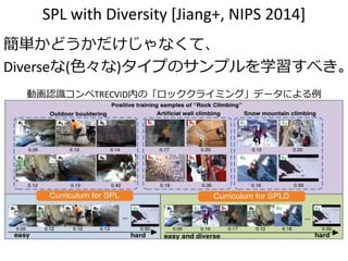 SPL with Diversity [Jiang+, NIPS 2014]
簡単かどうかだけじゃなくて、
Diverseな(色々な)タイプのサンプルを学習すべき。
動画認識コンペTRECVID内の「ロッククライミング」データによる例
 