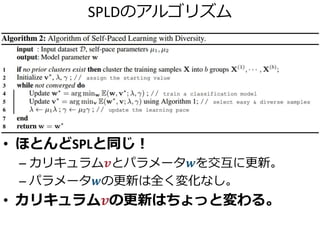 SPLDのアルゴリズム
• ほとんどSPLと同じ！
– カリキュラム𝒗とパラメータ𝒘を交互に更新。
– パラメータ𝒘の更新は全く変化なし。
• カリキュラム𝒗の更新はちょっと変わる。
 