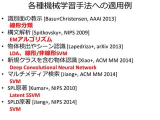 各種機械学習手法への適用例
• 識別面の教示 [Basu+Christensen, AAAI 2013]
線形分類
• 構文解析 [Spitkovsky+, NIPS 2009]
EMアルゴリズム
• 物体検出やシーン認識 [Lapedriza+, arXiv 2013]
LDA、線形/非線形SVM
• 新規クラスを含む物体認識 [Xiao+, ACM MM 2014]
Deep Convolutional Neural Network
• マルチメディア検索 [Jiang+, ACM MM 2014]
SVM
• SPL原著 [Kumar+, NIPS 2010]
Latent SSVM
• SPLD原著 [Jiang+, NIPS 2014]
SVM
 
