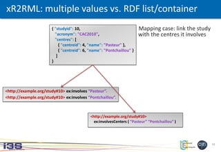 18
{ "studyid": 10,
"acronym": "CAC2010",
"centres": [
{ "centreid": 4, "name": "Pasteur" },
{ "centreid": 6, "name": "Pontchaillou" }
]
}
xR2RML: multiple values vs. RDF list/container
Mapping case: link the study
with the centres it involves
<http://example.org/study#10> ex:involves “Pasteur”.
<http://example.org/study#10> ex:involves “Pontchaillou”.
<http://example.org/study#10>
ex:involvesCenters ( “Pasteur” “Pontchaillou” )
 